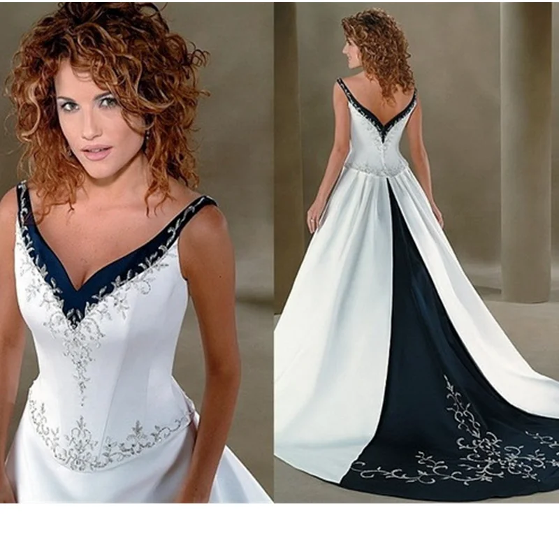 Top Trends: Classic Embroidery Wedding Dress V-Neck Seeveless White And Black A Line Satin Bridal Gowns Court Train Women Robe De Mariee Shoppable Styles