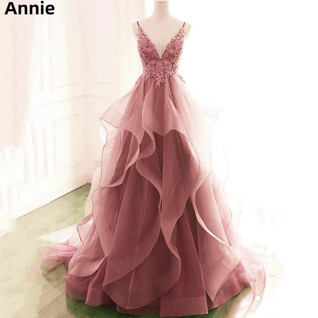 Top Trends: Annie V-neck Tulle Embroidery Prom Dresses Multi-layer Ruffles Party Dresses Dark Pink Evening Dress 2024 فساتين سهرة عربية Shoppable Styles