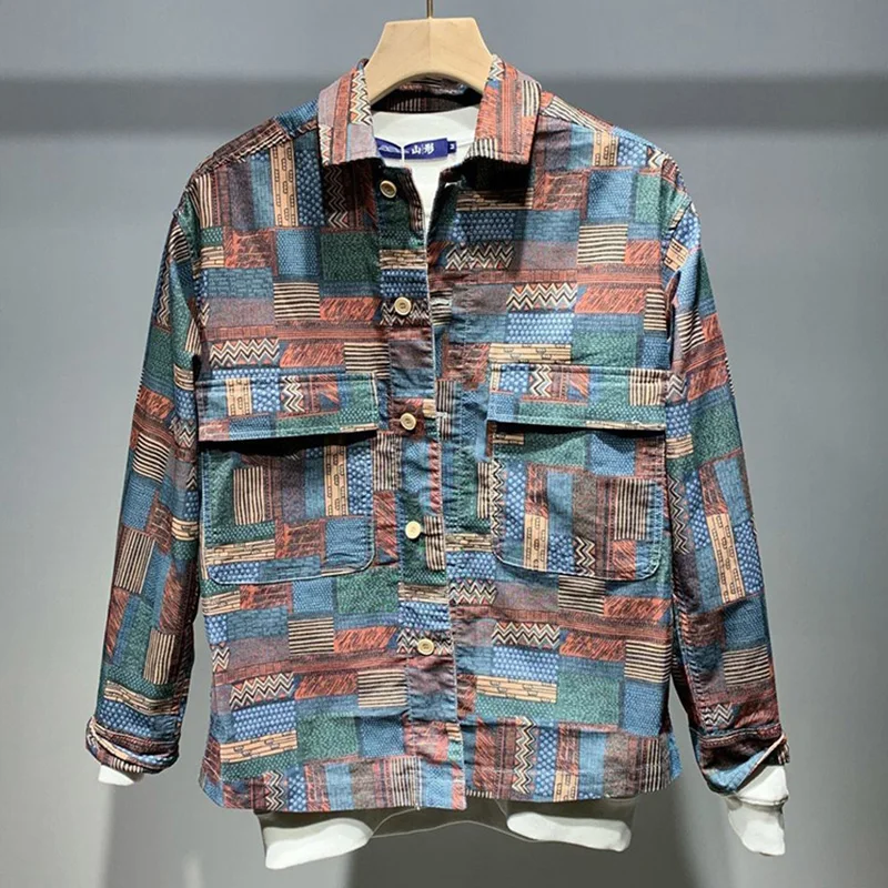 Top Trends: Vintage Printed Lapel Button Spliced Pockets Casual Shirts Men's Clothing 2023 Autumn New Oversized Korean Tops All-match Shirt Shoppable Styles