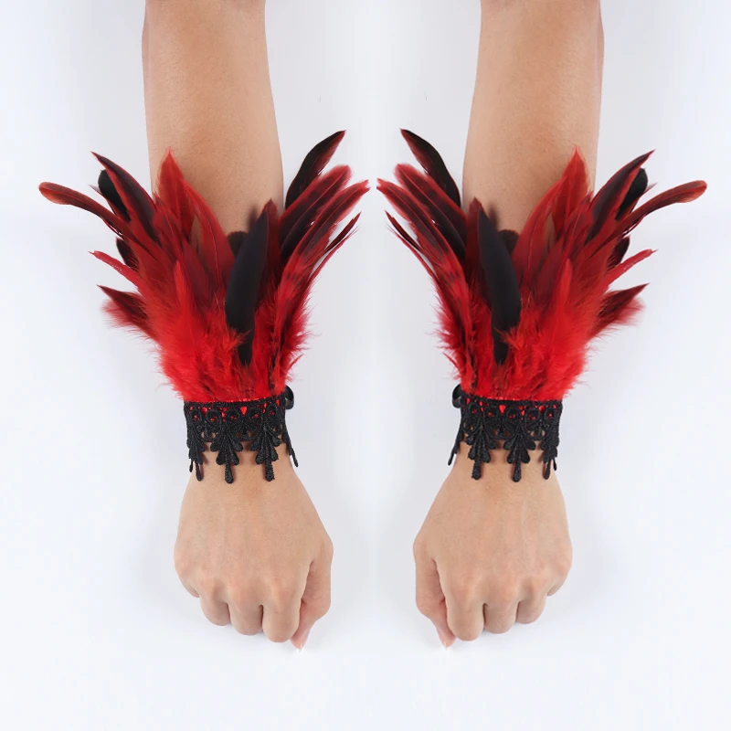 Top Trends: 2pcs Lace Feather Wrist Cuffs Black Real Natural Dyed Rooster Feather Arm Warmers Party Cosplay Costume Accessory Feather Gloves Shoppable Styles