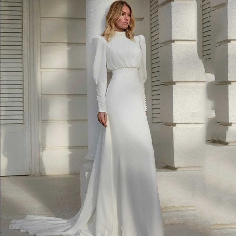 Top Trends: Modern High Neck White Chiffon Wedding Dress For Women Long Lantern Sleeve Pleats Elegant Sheath Bride Gown Button Sweep Train Shoppable Styles