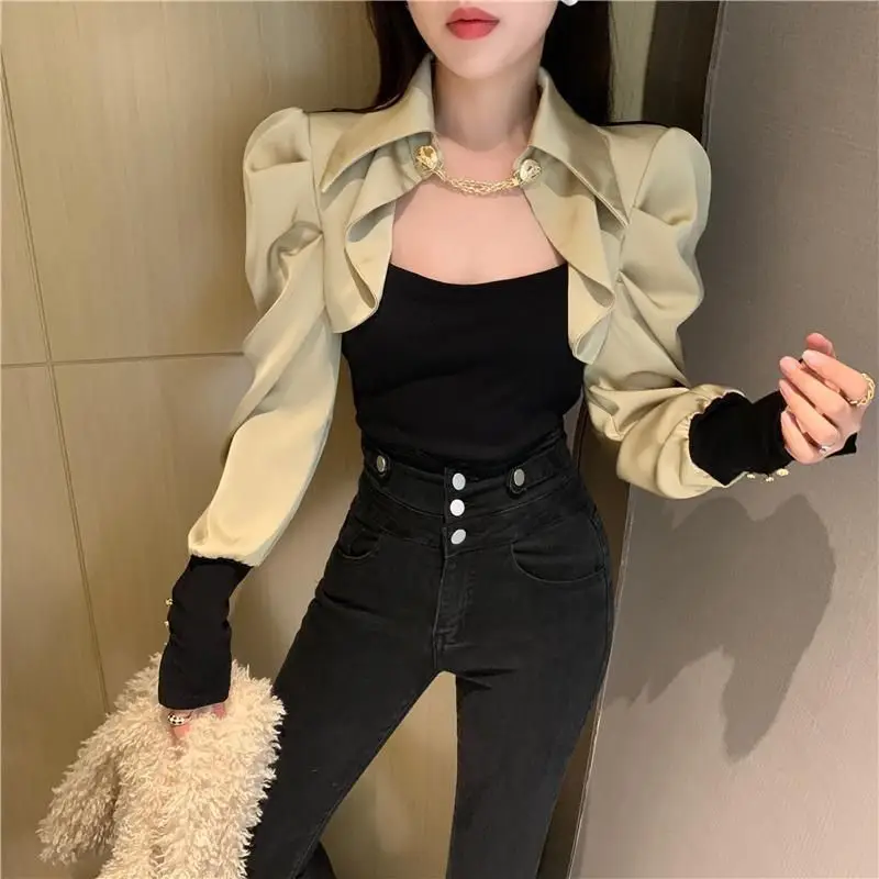 Top Trends: Office Lady Solid Color Patchwork Shirt Slim Fake Two Pieces Spring Autumn Women's Clothing Korean Fashion Button Chain Blouse Shoppable Styles - Image 3