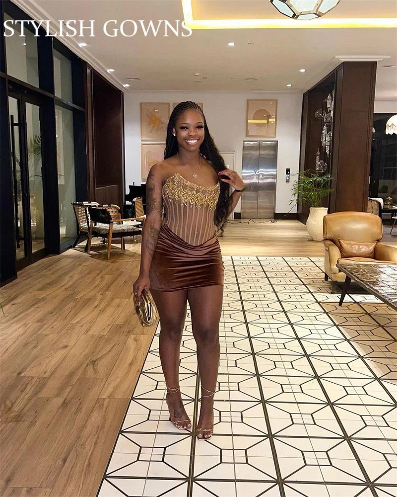 Top Trends: Brown Velvet Strapless Short Prom Dresses For Black Girls Crystal Beaded Birthday Party Dress Illusion Mini Cocktail Homecoming Shoppable Styles