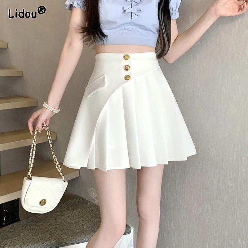 Top Trends: 2023 New Women's Clothing Patchwork Button Pleated Summer Solid Color Fashion Casual Streetwear Young Style Skinny Mini Skirts Shoppable Styles