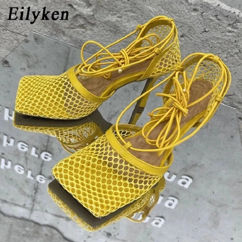 Top Trends: Eilyken Sexy Mesh Pumps Sandals Female Square Toe High Heel Lace Up Cross-Tied Stiletto Hollow Dress Shoes Zapatos Mujer Shoppable Styles