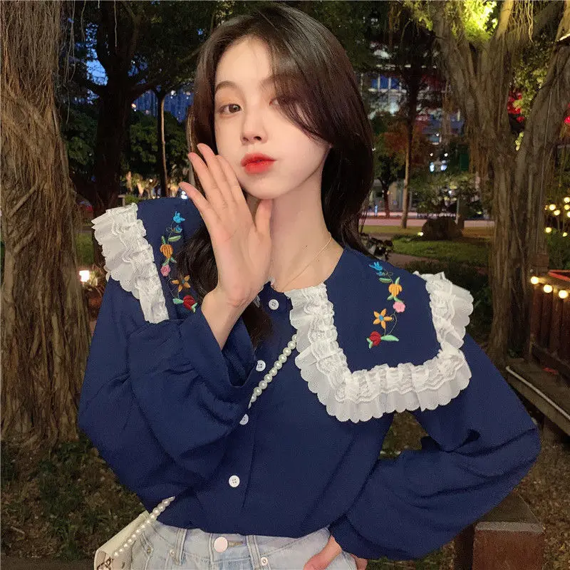 Top Trends: Spring New Embroidery Patchwork Top Shirt Long Sleeve Solid Peter Pan Collar Loose Blouse Fashion Youth Sweet Women Clothes Shoppable Styles