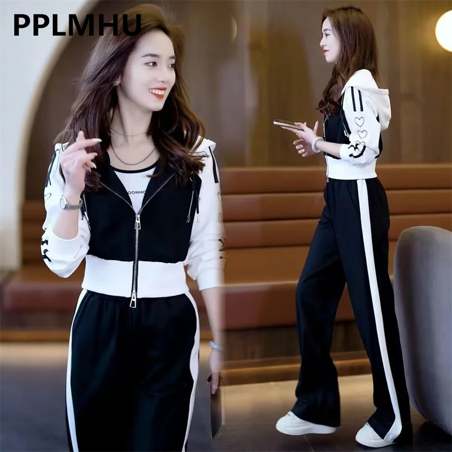 Top Trends: Casual Side Stripe Loose Patchwork 2 Piece Sets Korean Hooded Short Jacket Coat Tracksuit Wide Leg Pants Spring Fall Lady Outfit Shoppable Styles