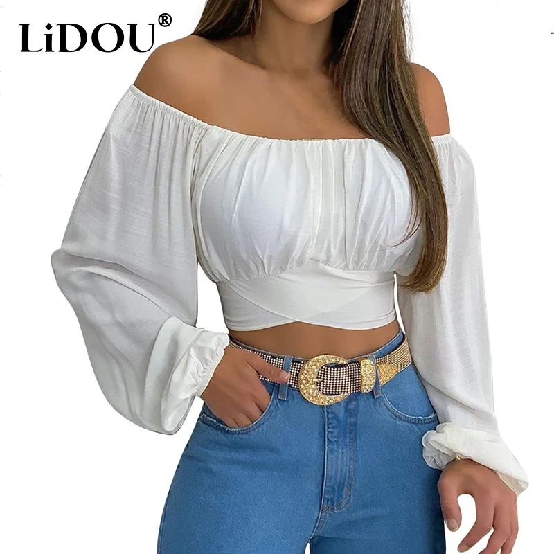 Top Trends: 2022 Summer Women&#039;s Sexy One Word Collar Ruched Cross Lace Up Lantern Long Sleeve Crop Top Shirt Blouse Femme Fashion Clothing Shoppable Styles