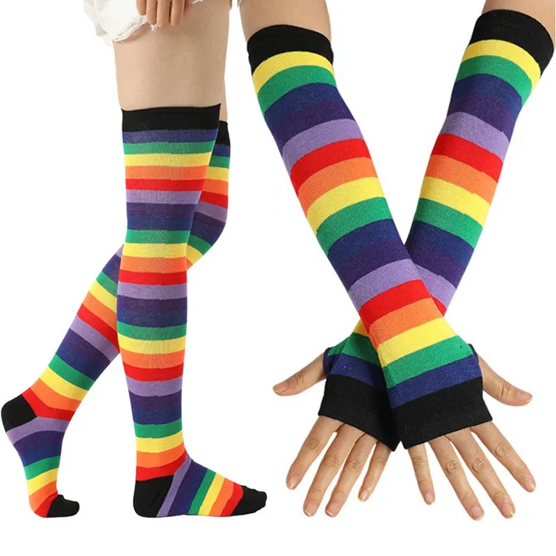 Top Trends: 1 Set Girls Over Knee Long Rainbow Stripe Printed Thigh High Socks Arm Sleeve Gloves Sweet Cute Socks Fashion Warmer Accessories Shoppable Styles