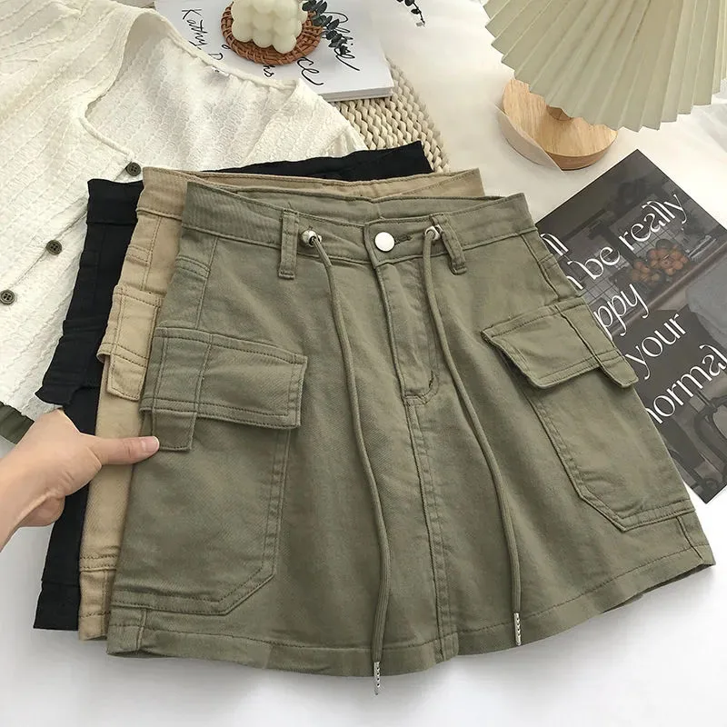 Top Trends: Army Green Short Cargo Skirt Women Drawstring High Waist Mini Skirts Female Y2K Streetwear Big Pocket A-Line Skirts De Mujer Shoppable Styles