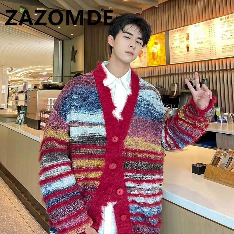 Top Trends: ZAZOMDE Winter Stripe Cardigan Sweater Knit Men Loose Couple Jumper Autumn Contrast Color Irregular Oversized Y2K Knitwear Coat Shoppable Styles - Image 5