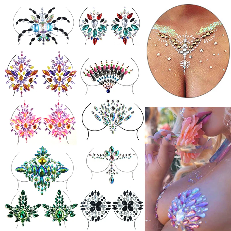 Top Trends: Blingbling Shiny Resin Drill Chest Tattoos Stickers Music Festival Party Carnival Makeup Collarbone Nipple 3D Tattoo Decoration Shoppable Styles