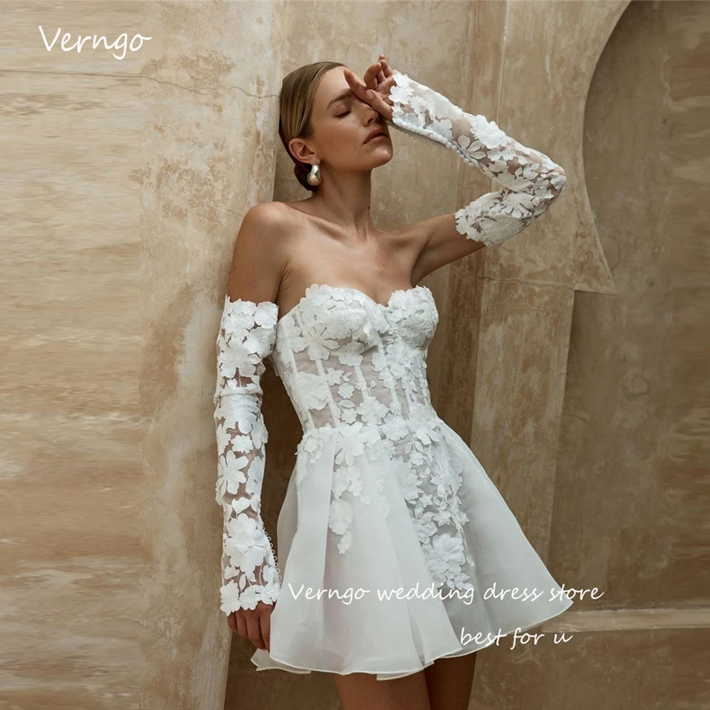 Top Trends: Verngo 2023 A Line Short Lace Applique Wedding Dresses Garden Sweetheart Boning Sleeves Mini Sexy Bride Gowns Robe De Mariage Shoppable Styles