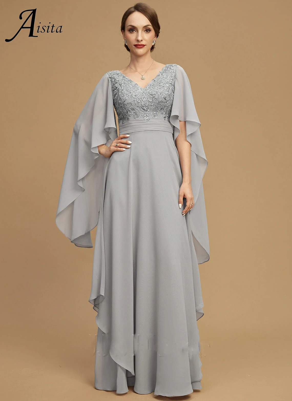 Top Trends: A Line Mother Of The Bride Dresses 2023 Elegant Lace 1 / 2 Sleeves V-Neck Wedding Floor Length Chiffon Plus Size Guest Gowns Shoppable Styles