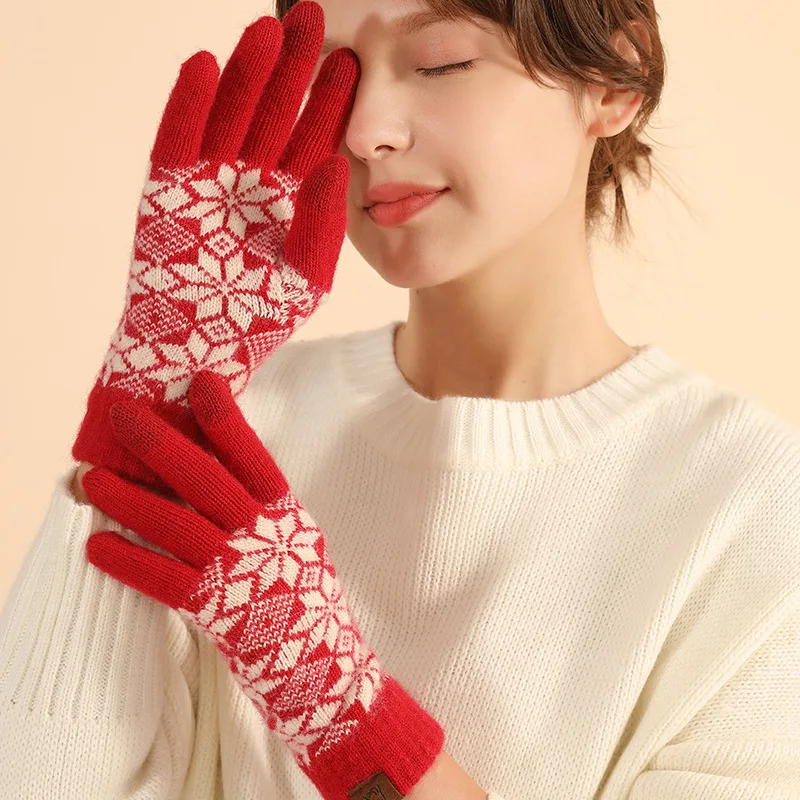 Top Trends: New Year Red Knitted Gloves With Touch Screen Winter Hand Warmer Elastic Print Woolen Glove Women Outdoor Cycling Velvet Mittens Shoppable Styles - Image 3