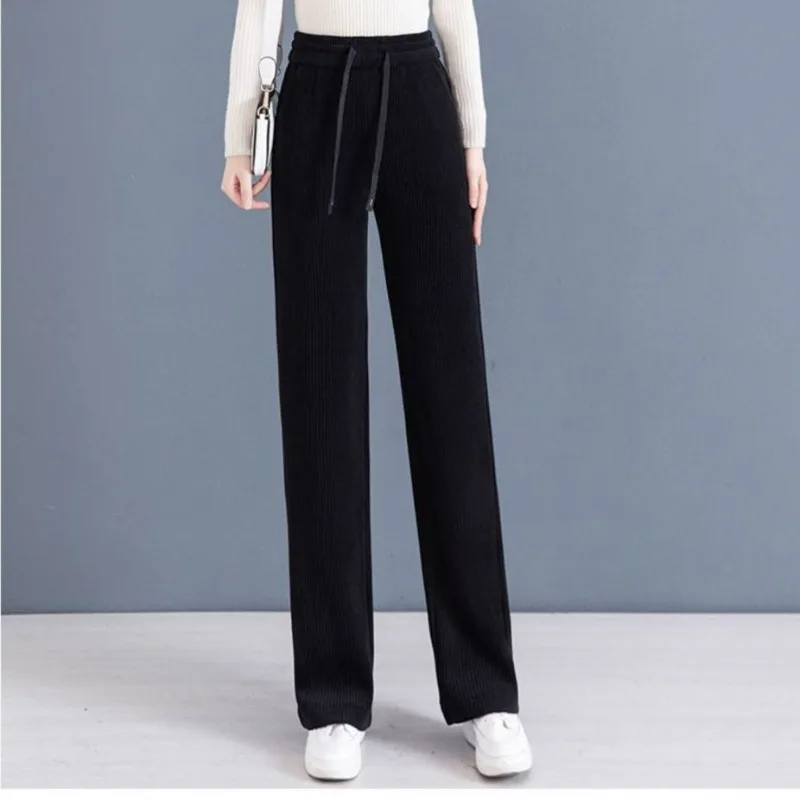 Top Trends: Women&#039;s Autumn And Winter Elegant Solid Color Screw Thread Elastic Lace Up High Waist Pocket Long Casual Loose Wide Leg Pants Shoppable Styles