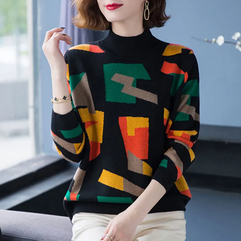 Top Trends: Commute Geometric Spliced Knitted Jumpers Female Clothing Vintage Screw Thread Autumn Winter Casual Half High Collar Sweaters Shoppable Styles