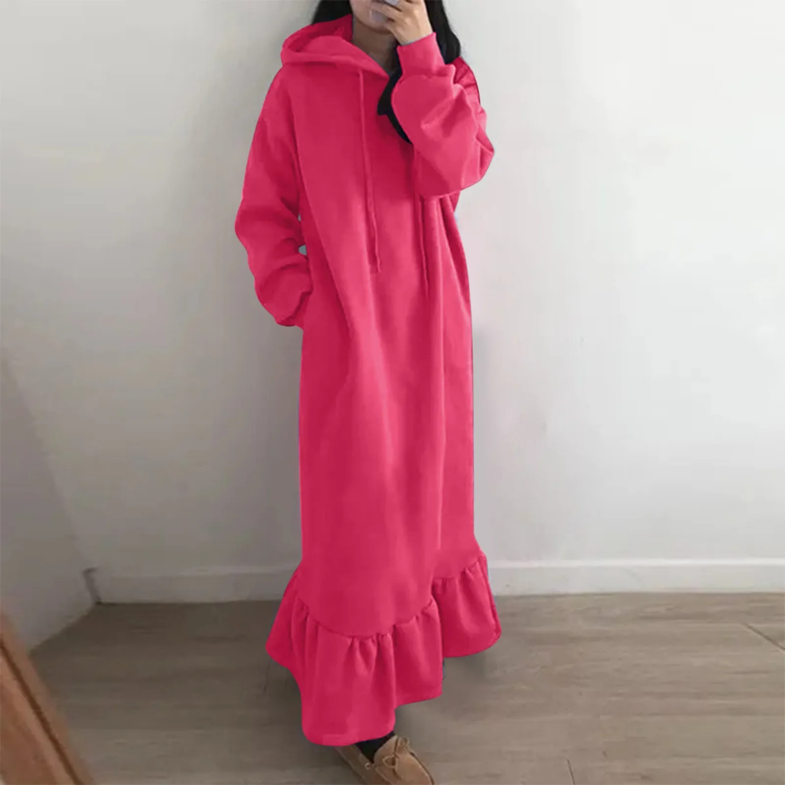 Top Trends: 2023 New Fashion Hooded Sweatshirts Dress Women Casual Solid Long Sleeve Maxi Dresses Winter Clothes Vestidos Warm Robe Femme Shoppable Styles - Image 2