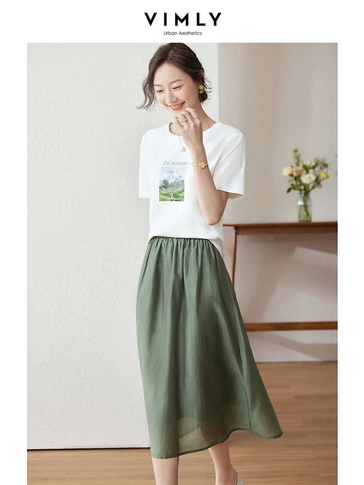 Top Trends: Vimly Two Piece Summer Sets For Women Outfits 2023 Short Sleeve Cotton T Shirts Elastic Waist Lyocell Midi Skirt Matching Sets Shoppable Styles