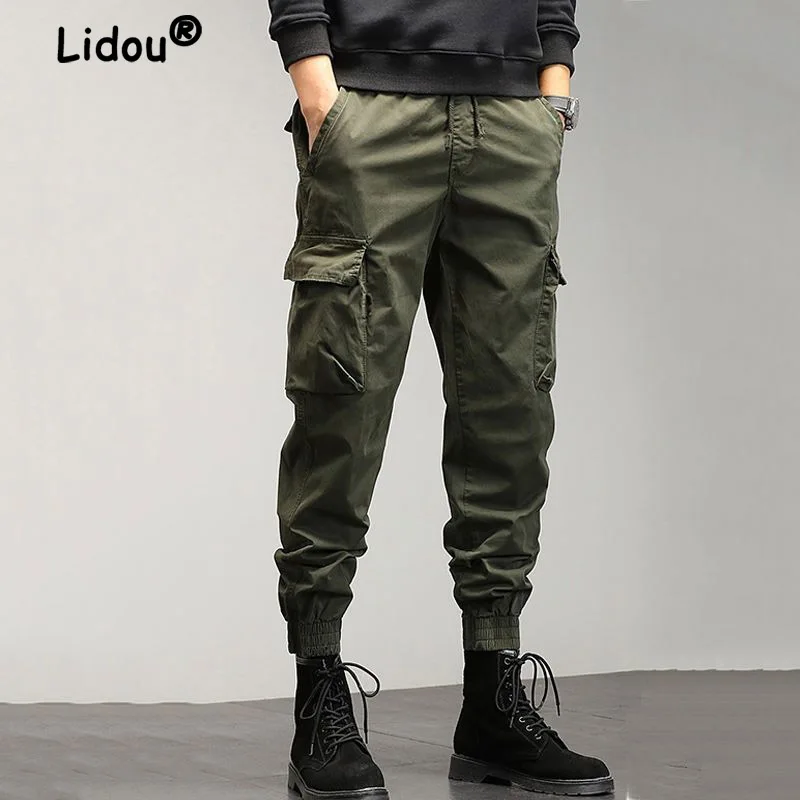 Top Trends: Fashion Solid Color Multiple Pockets Men&#039;s Cargo Pants Classic Loose Korean All-match Tie One&#039;s Feet Street Casual Male Trousers Shoppable Styles