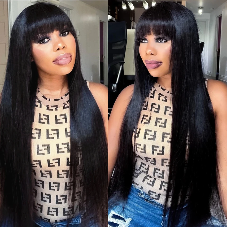 Top Trends: Bone Straight Wig With Bangs Fringe Bob Human Hair Wig For Women Brazilian On Sales Remy Hair Glueless Full Machine Made Cheap Shoppable Styles