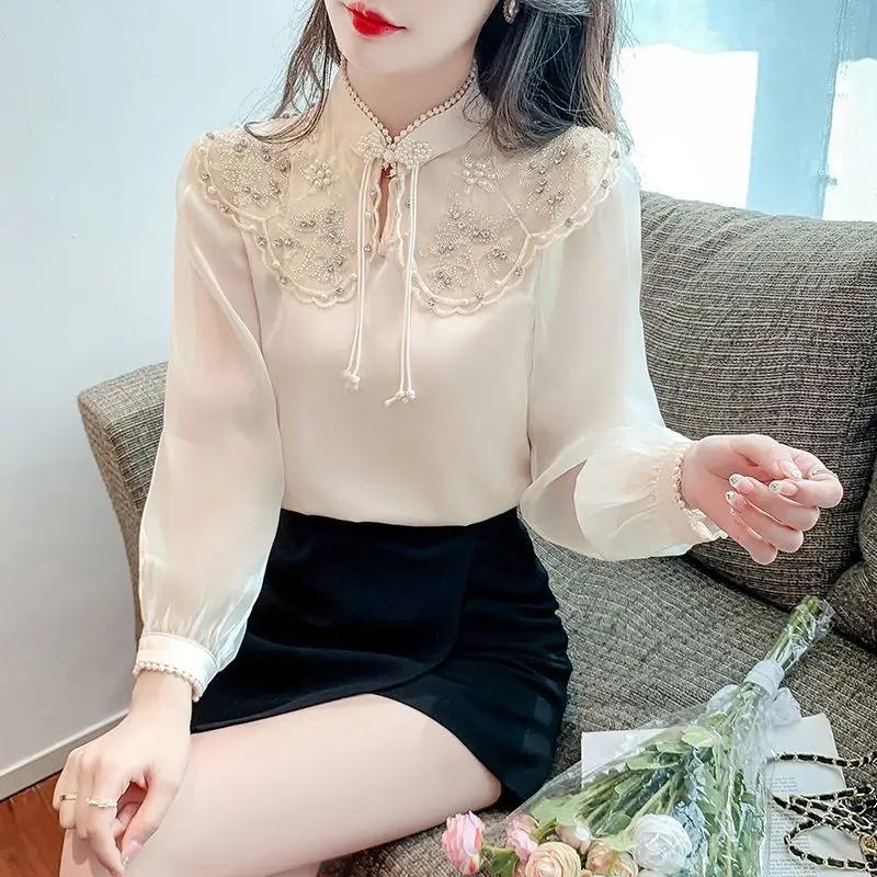 Top Trends: Chinese Style Streamlight Bright Surface Lantern Sleeve Thin Beaded Design Blouse Diamond Inlaid Decoration Chinese Knot Ladies Shoppable Styles