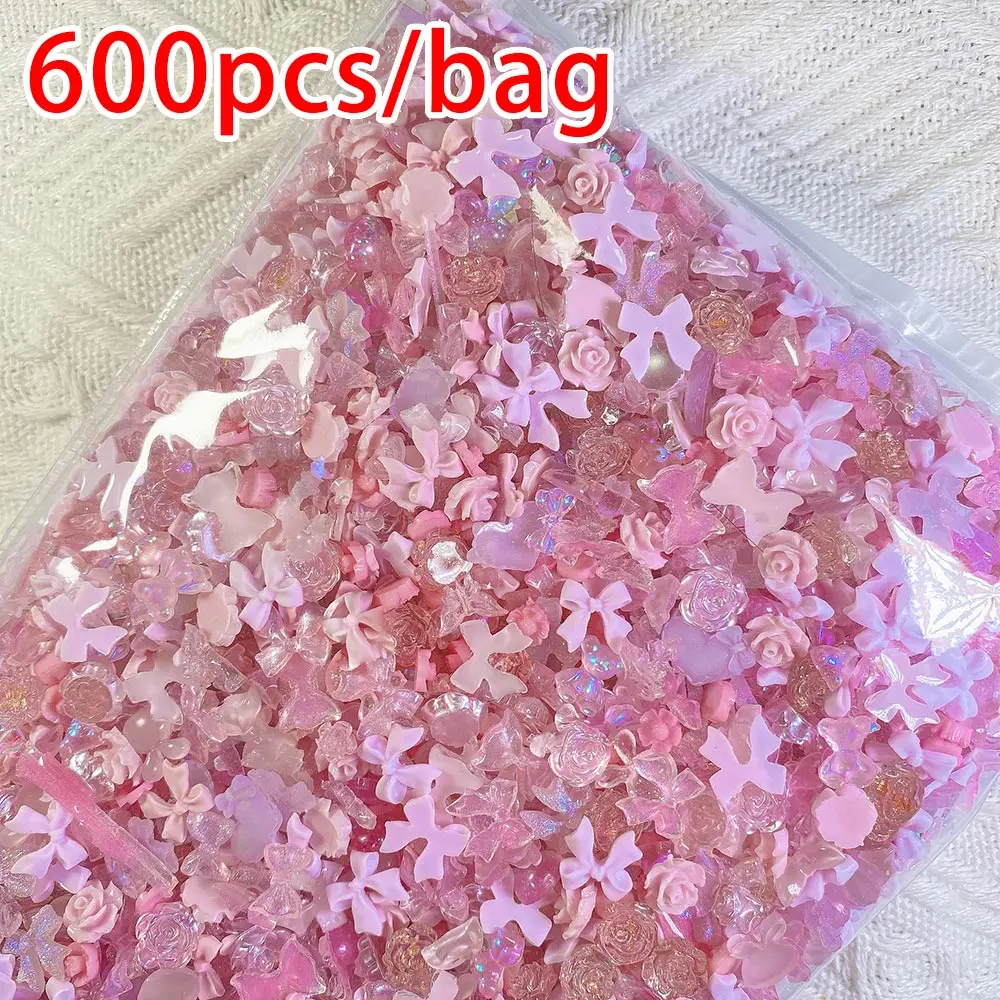 Top Trends: 600pcs / bag Resin Pink Bow Flowers Heart Mixed Nail Art Decoration Kawaii Pink Ribbon Bowknot Nail Charms 3D Manicure Cute Charms Shoppable Styles