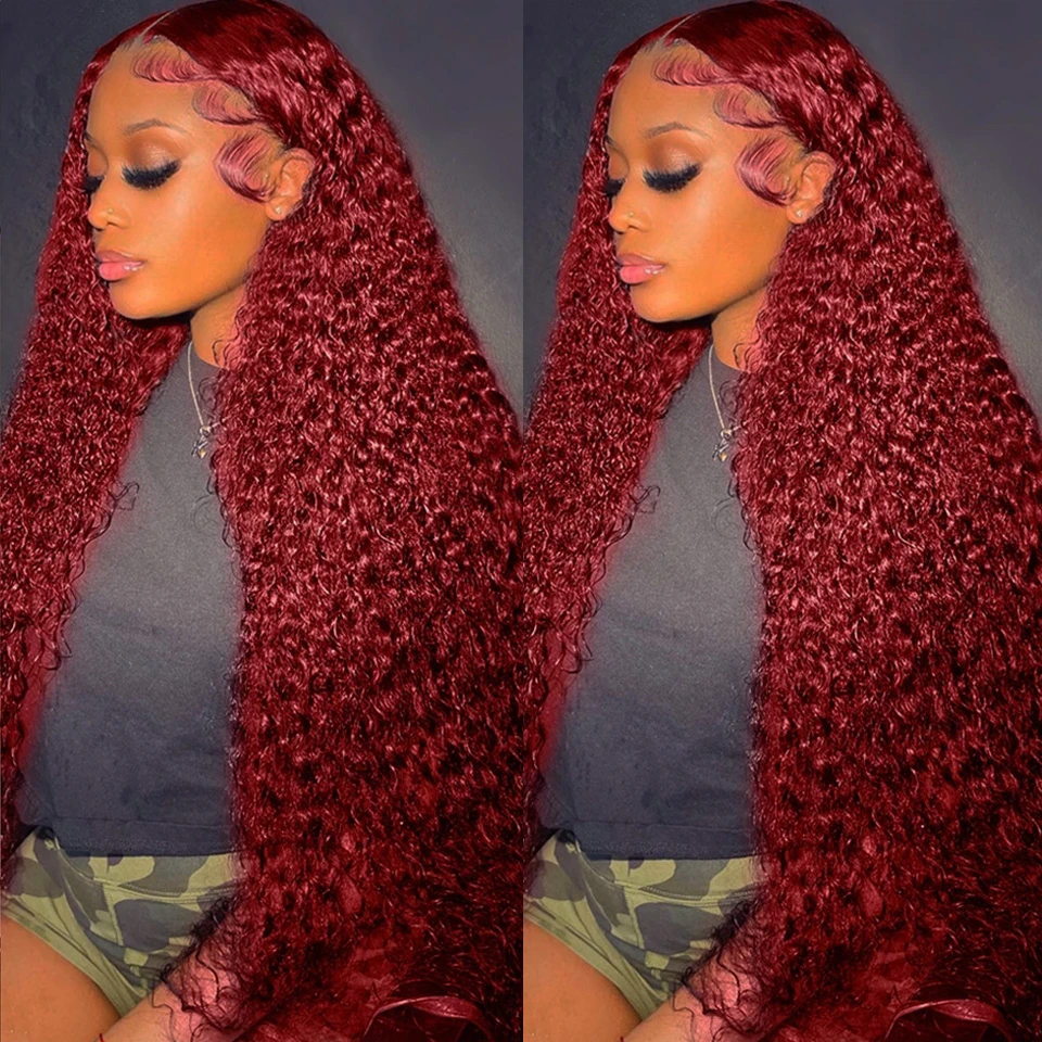 Top Trends: 99j Burgundy 13x6 Hd Lace Water Wave Frontal Wigs Human Hair Glueless Red Colored Brazilian Wigs On Sale 36 Inch Deep Wave Wig Shoppable Styles