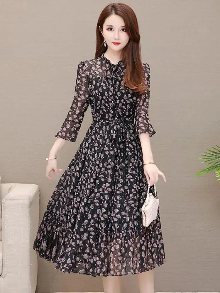 Top Trends: Summer Boho Chiffon Midi Dress Women 3 / 4 Sleeve Floral Vestidos Korean Slim A-line Dresses Big Size Casual Robe Elegant Elbise Shoppable Styles - Image 3