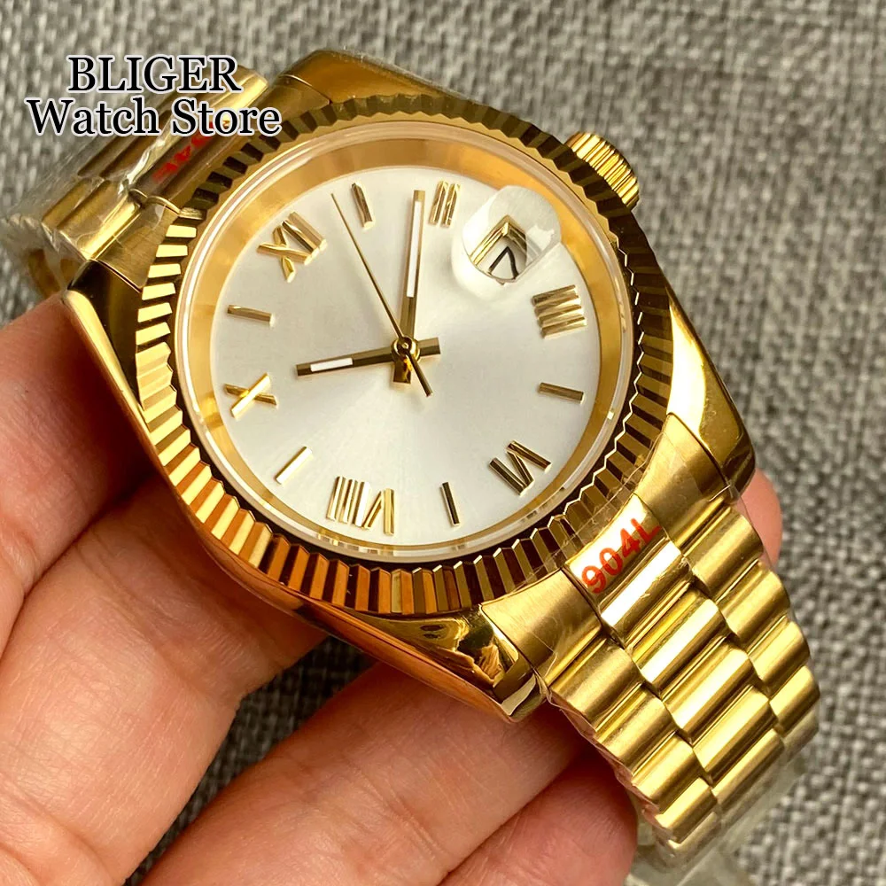 Top Trends: BLIGER 36mm 39mm Polished Fluted Bezel NH35A Automatic Men Watch Gold Roman Numbers Silver Dial Steel Bracelet Sapphire Glass Shoppable Styles