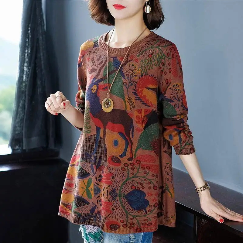 Top Trends: Vintage Printed O-Neck Loose All-match Sweaters Women's Clothing 2023 Autumn Winter Oversized Office Lady Pullovers Casual Tops Shoppable Styles - Image 3