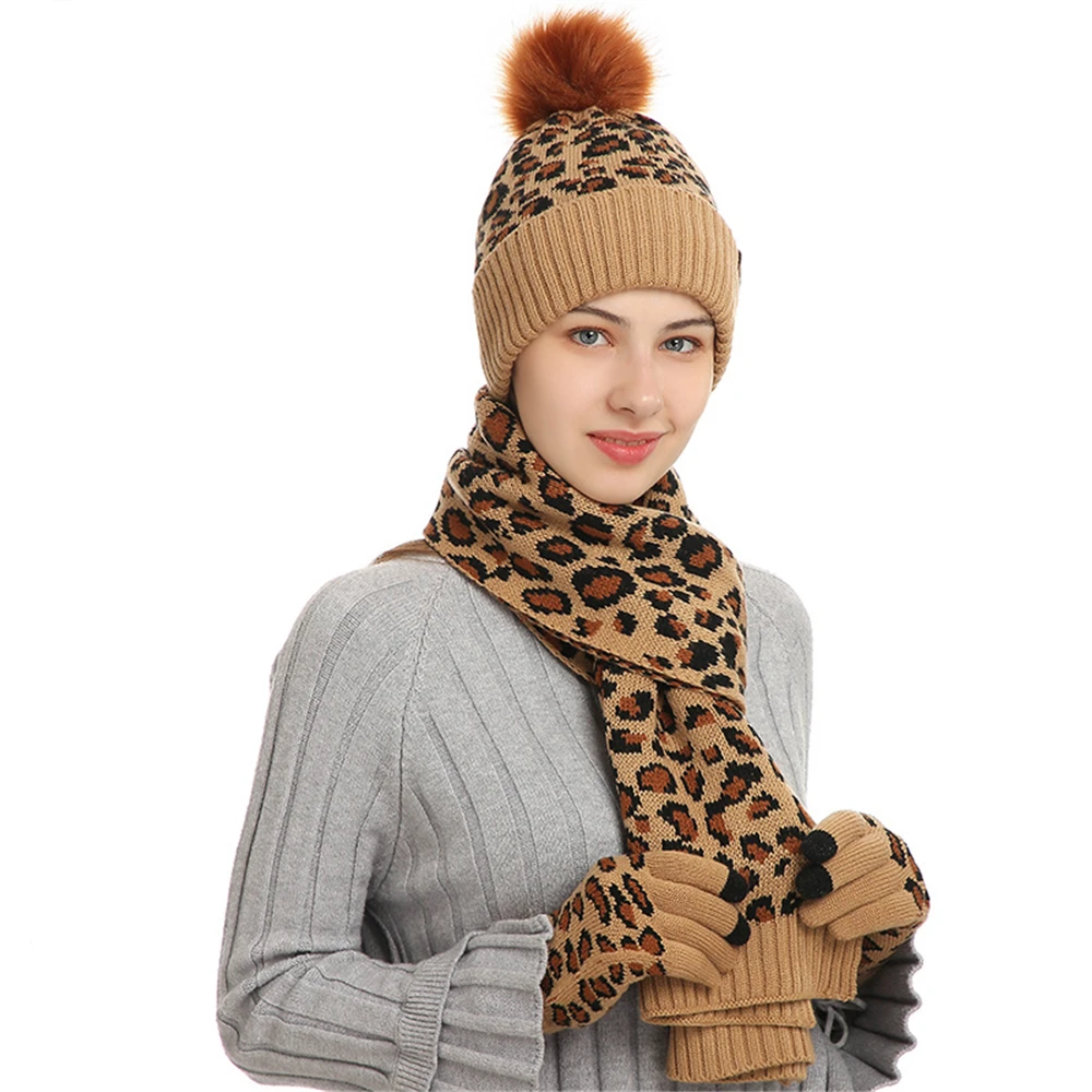 Top Trends: Women's Winter Keep Warm Set Fleece Lining Beanie Telefingers Gloves Thicken Scarf Knitted Muffler Hat Leopard Neckerchief Shoppable Styles