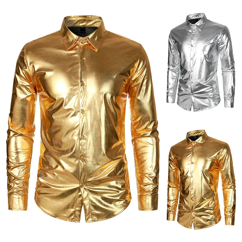 Top Trends: Men&#039;s Metallic Glossy Long Sleeve Shirt Gold Silver Nightclub Party Shiny Shirt Vintage Disco Costume Shoppable Styles