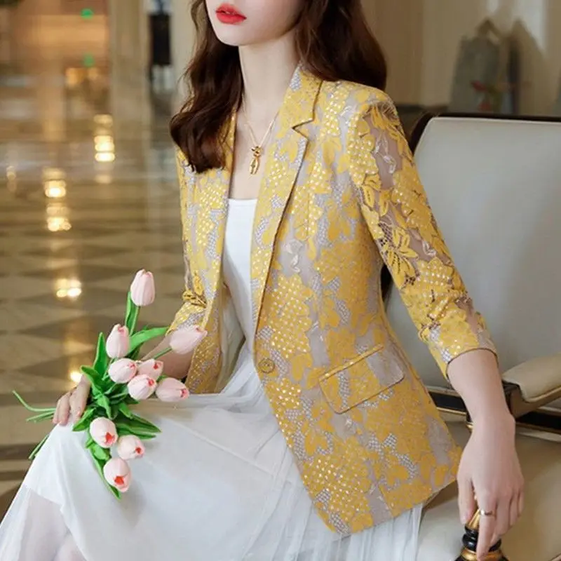 Top Trends: Office Lady Slim Single Button Suits Floral Lace Elegant Hollow Out Spring Summer New 3 / 4 Sleeve Fashion Tailored Collar Blazers Shoppable Styles