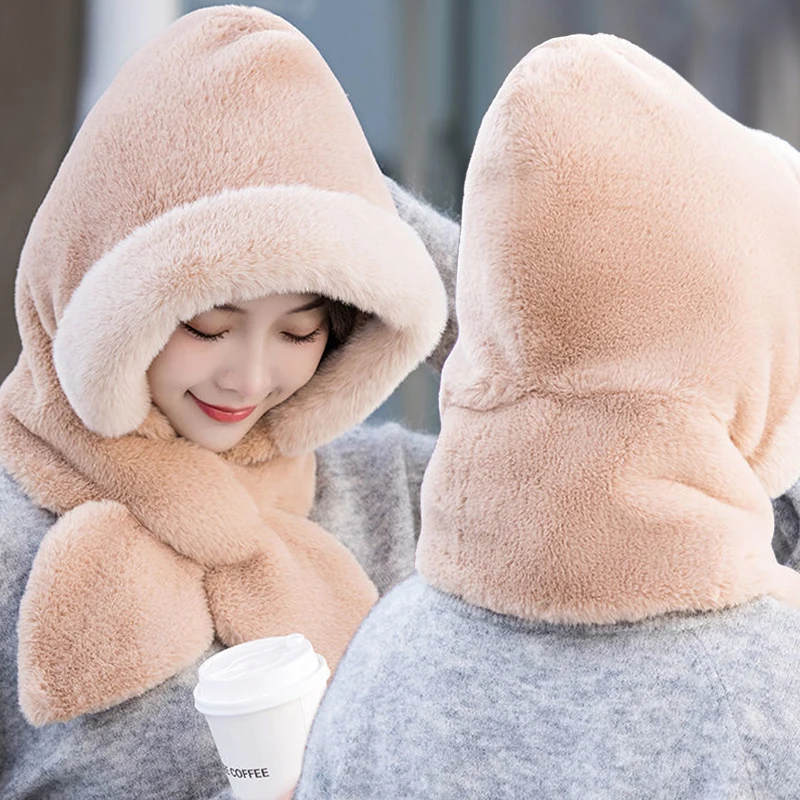 Top Trends: Women Winter Hood Beanies Thick Plush Scarf Hat Set Outdoor Ski Windproof Warm Headgear Solid Fluffy Fur Female Earmuffs Cap Shoppable Styles