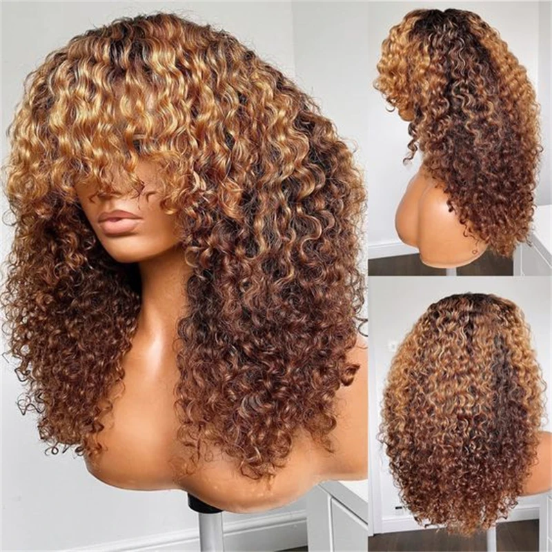 Top Trends: 26inch 180Density Natural Long Kinky Curly Machine With Bangs Ombre Blond For Women With Baby Hair Preplucked Daily Glueless Wig Shoppable Styles