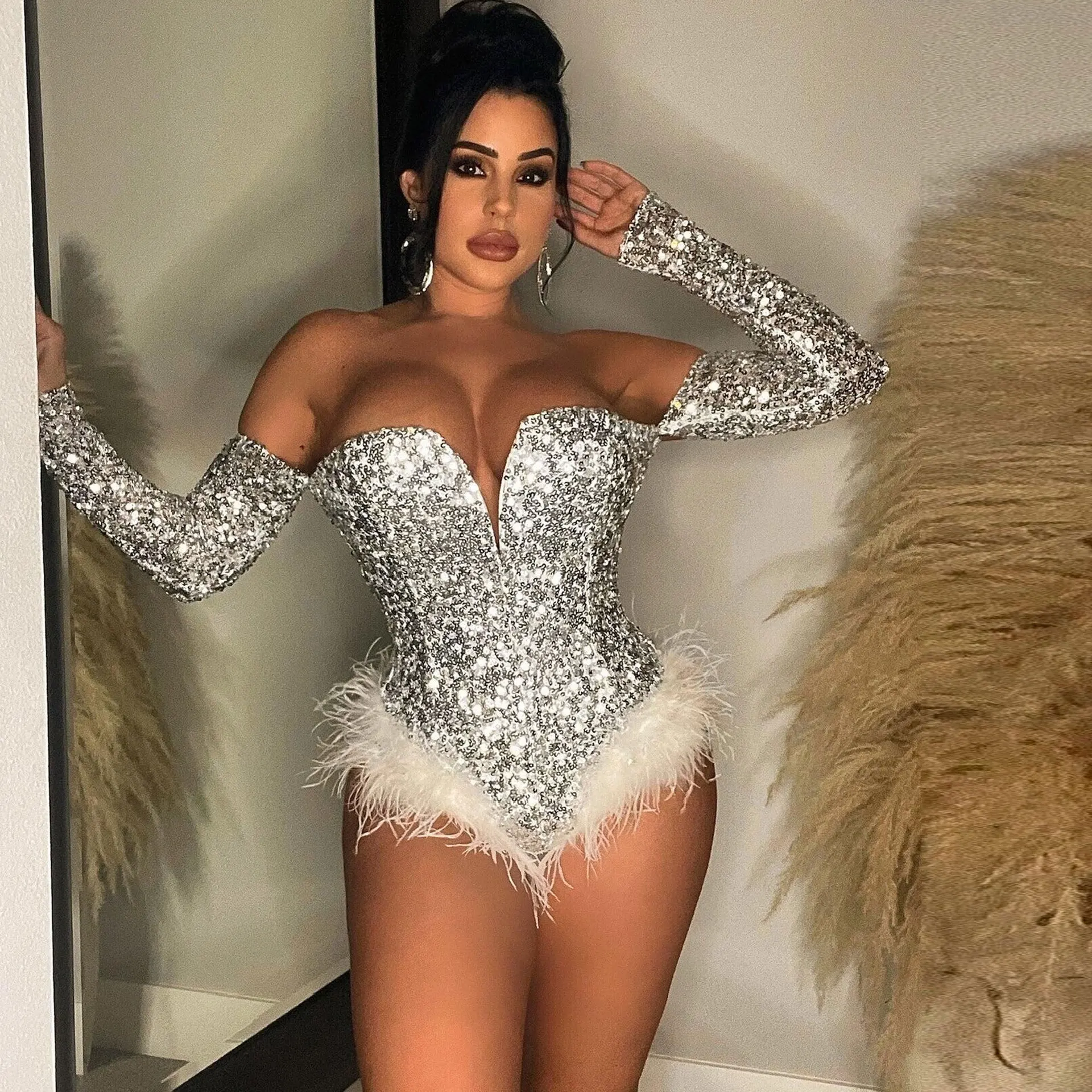 Top Trends: Sexy Bodysuit For Women Plunge Deep V Neck Sequined Off Shoulder Long Sleeve Hem Faeathers Jumpsuit 2023 Party Evening Clubwear Shoppable Styles