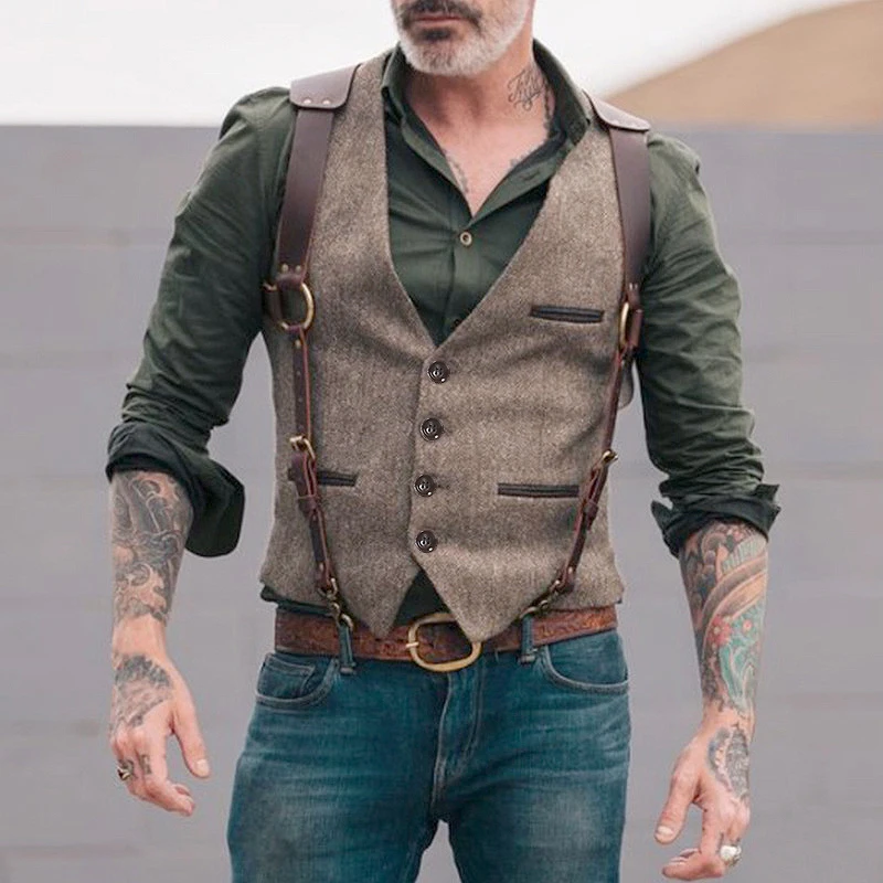 Top Trends: Men's Casual Cowboy Vest Solid Multi Pocket Waistcoat Vintage Gothic Vests Man Sleevless Jacket Shoppable Styles