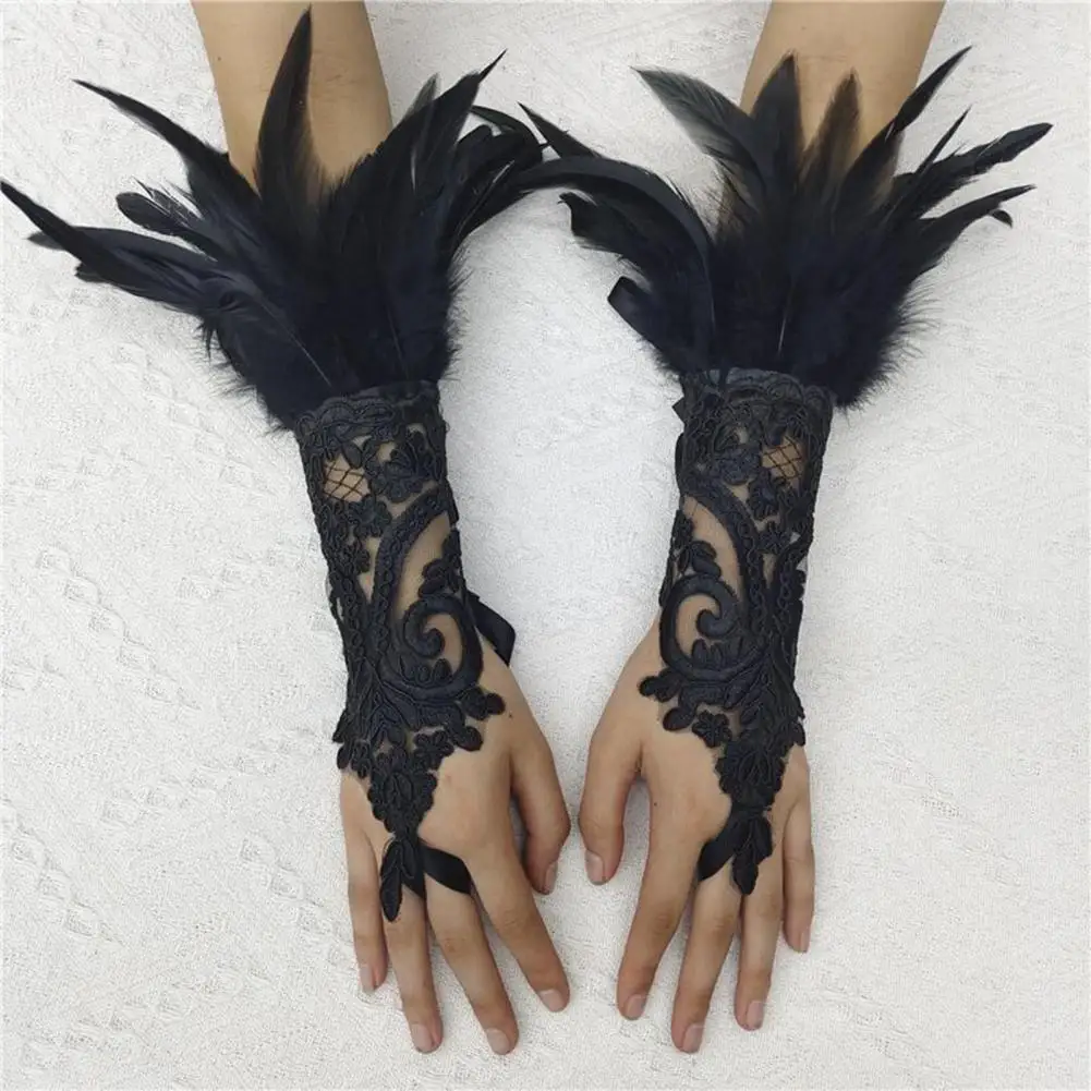 Top Trends: 1Pc Long Gloves Sexy Lace Feather Design Elegant Gothic Mesh Sleeve Ribbon Tied Easy Wearing Gloves Halloween Party Supplies Shoppable Styles