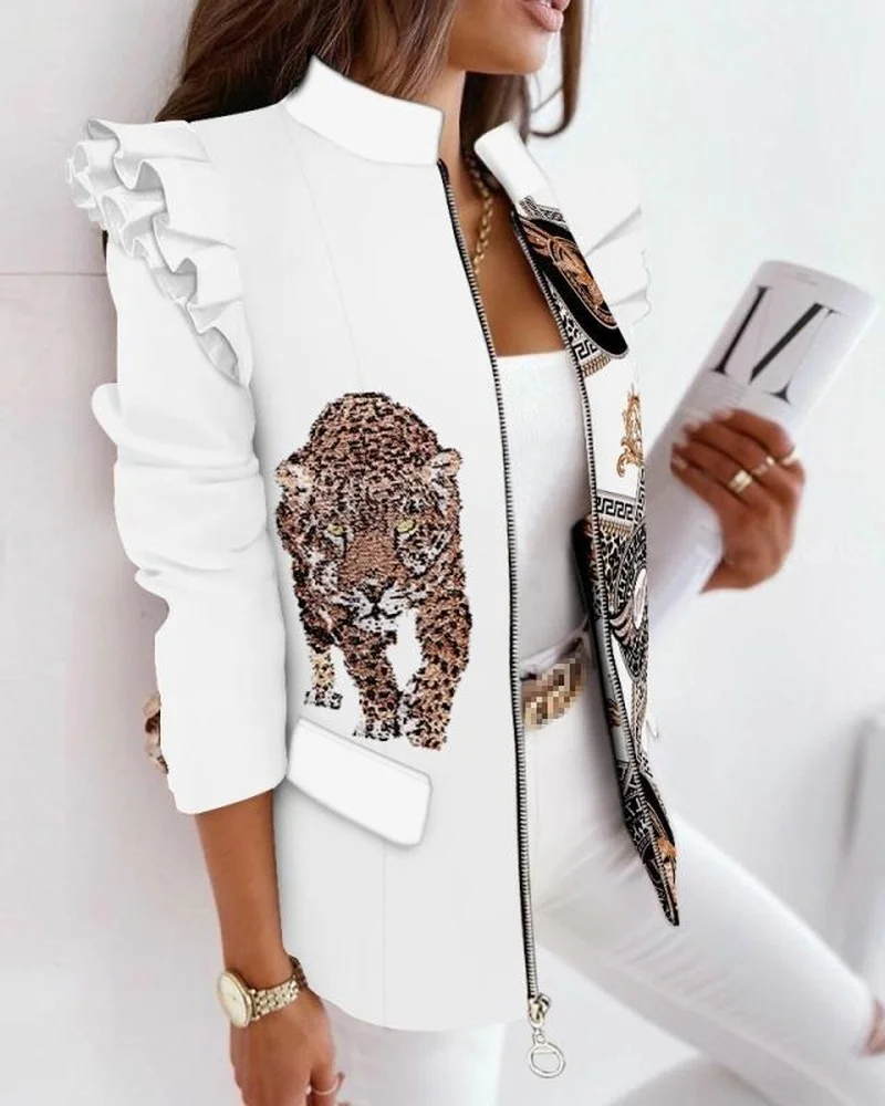 Top Trends: Colorful Blazer Jacket For Women Leopard Printed Ruffled Long-sleeved Zipper Printed Suit Plus Size Clothing For Women Blazers Shoppable Styles