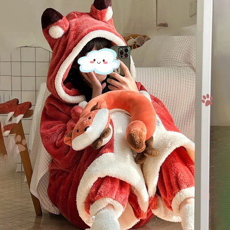 Top Trends: Cartoon Animal Fox Pajamas Women's Winter Coral Fleece Thickened One-Piece Plush Cute Long Hooded Plus Size Robe Home Wear Shoppable Styles