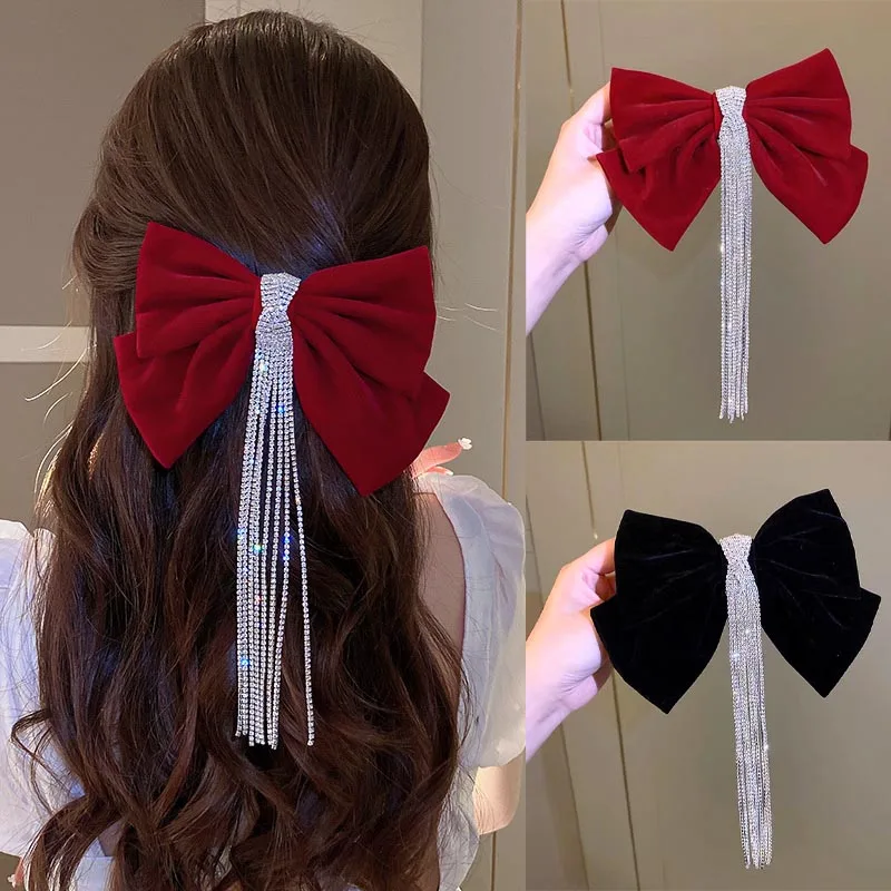 Top Trends: Korean Velvet Bow Hair Pins Fabric Rhinestone Tassel Hair Clips For Women Luxulry Jewelry Spring Clip Girls Hair Accessories Shoppable Styles