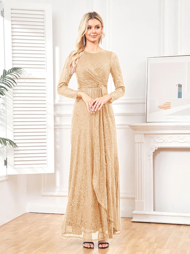 Top Trends: Lucyinlove Elegant Long Sleeve O-Neck Gold Sequins Evening Dress Luxury 2024 Women Wedding Party Prom Cocktail Dress Vestido Shoppable Styles