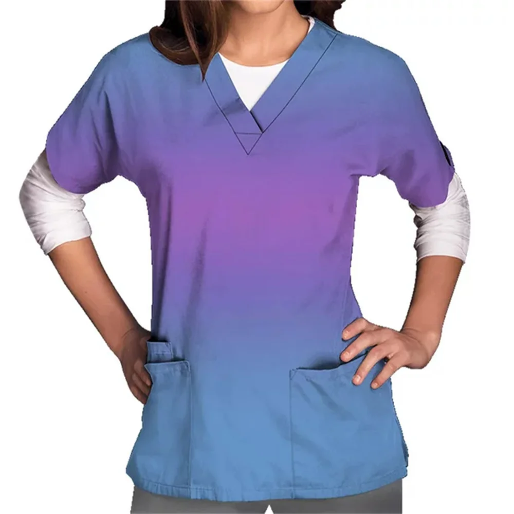 Top Trends: Womens Scrubs Gradient Print Uniforms Carer Work Short Sleeve V Neck Workwear Blouse With Pockets Medical Nursing Carer Uniforms Shoppable Styles