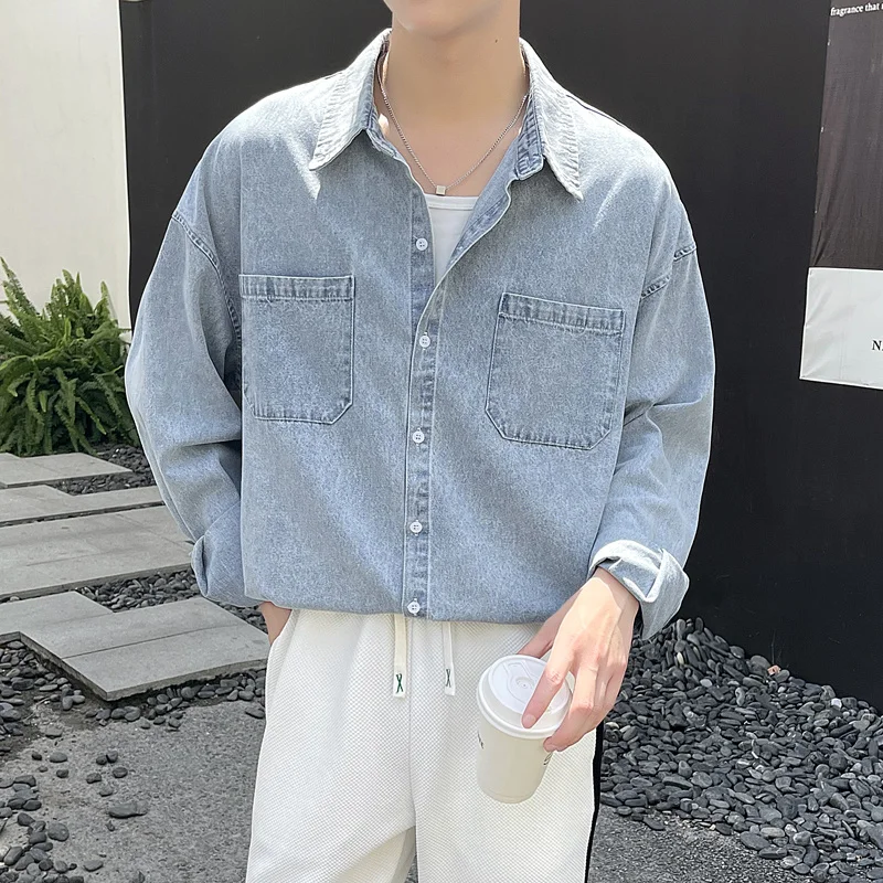 Top Trends: Spring Blue Black Denim Shirt Men Fashion Pocket Casual Shirts Mens Streetwear Korean Loose Long-sleeved Shirt Men M-2XL Shoppable Styles