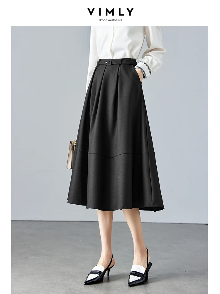 Top Trends: Vimly Classic A-line Midi Black Skirts For Women 2023 Autumn Elegant Belted High Waist Swing Flared Skirt Women&#039;s Clothing M2600 Shoppable Styles