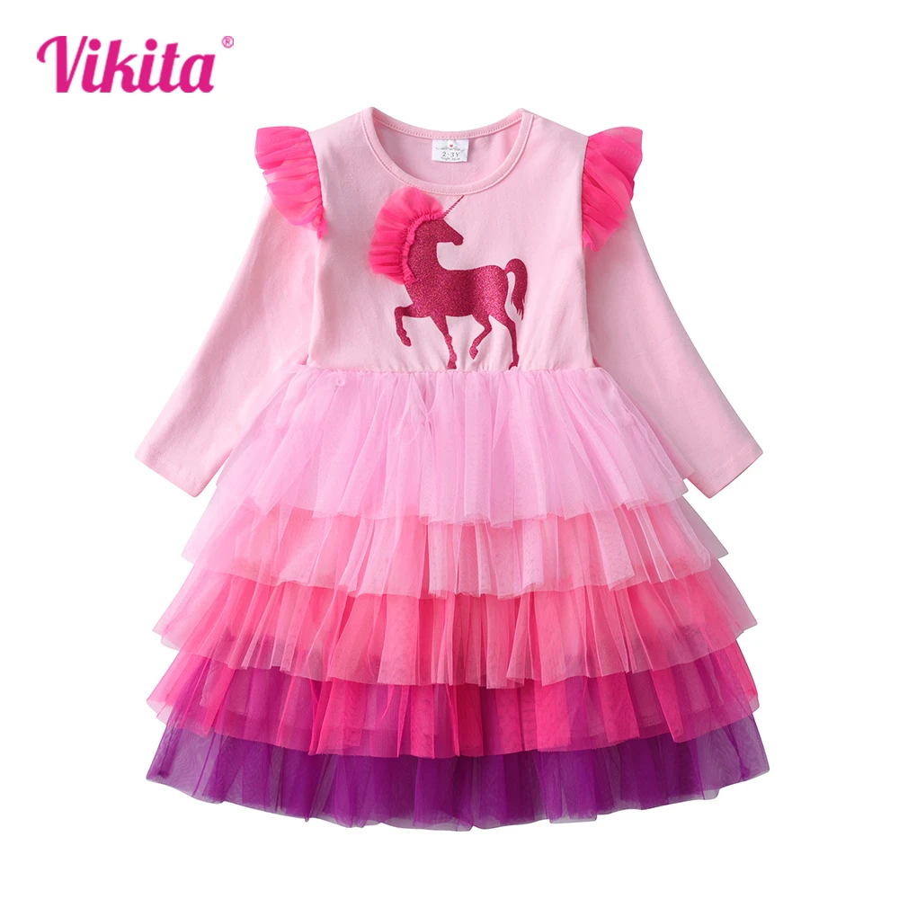 Top Trends: VIKITA Girls Long Sleeve Dress Kids Unicorn Cartoon Dresses Girls Layered Mesh Tulle Princess Birthday Party Children Clothing Shoppable Styles