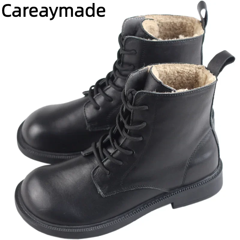 Top Trends: Careaymade-Handmade 100% Genuine Leather Short Boots, women&#039;s Flat Heel Big Head Boots, Women Leisure Shoes Warm Women Boots Shoppable Styles