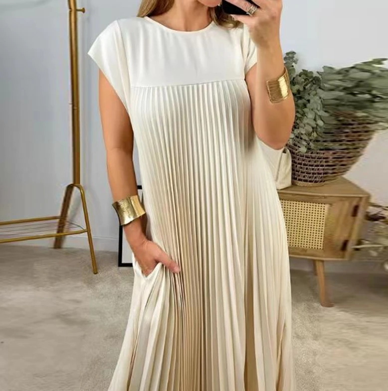 Top Trends: Women's Round Neck Sleeveless Pleated Design Loose Dress Temperament Commuting Female Fashion Wrinkles Casual Pullover Dresses Shoppable Styles - Image 2