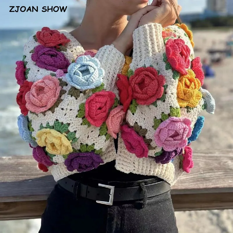 Top Trends: 2023 Autumn BOHO Hand Crochet 3D Flower Ball Cardigan Sweet Woman V Neck Full Lantern Sleeve Knitting Sweater Knitwear Jumper Shoppable Styles